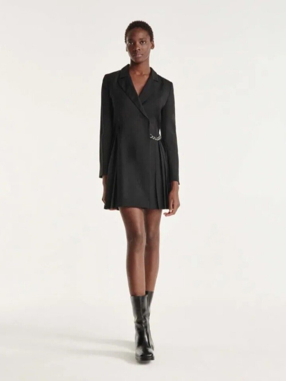 THE KOOPLES " SHORT WRAP DRESS WITH PLEATS AND CHAIN". SIZE FRENCH 4 = U. S. XL.